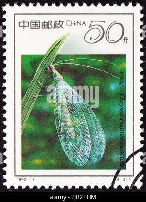 CHINA - UM 1992: Eine in China gedruckte Briefmarke zeigt Lacewing (Chrysopa septempunctata), um 1992. Stockfoto