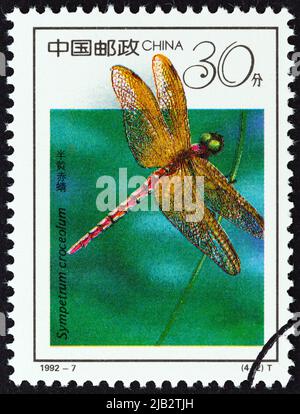 CHINA - UM 1992: Eine in China gedruckte Marke zeigt die Fliege (Sympetrum croceolum), um 1992. Stockfoto