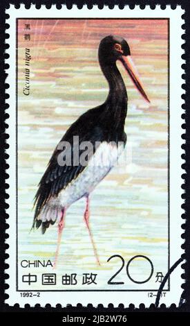 CHINA - UM 1992: Eine in China gedruckte Briefmarke aus der Ausgabe 'Storks' zeigt Schwarzstorch (Ciconia nigra), um 1992. Stockfoto