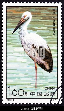 CHINA - UM 1992: Eine in China gedruckte Briefmarke aus der Ausgabe 'Storks' zeigt orientalischen Storch (Ciconia boyciana), um 1992. Stockfoto