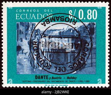 ECUADOR - UM 1966: Eine in Ecuador gedruckte Briefmarke zeigt Dante und Beatrice von Henry Holiday 700. Geburtsstunde, um 1966. Stockfoto