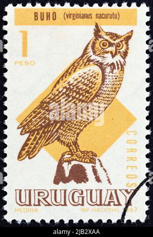 URUGUAY - UM 1968: Eine in Uruguay gedruckte Marke aus der 'Birds'-Ausgabe zeigt die große Hornkauz (Bubo virginianus nacurutu), um 1968. Stockfoto