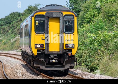 Klasse 156 156490 nähert sich dem Hawthorn Dene Viadukt an der Durham Coast Line südlich von Seaham, County Durham, Großbritannien Stockfoto