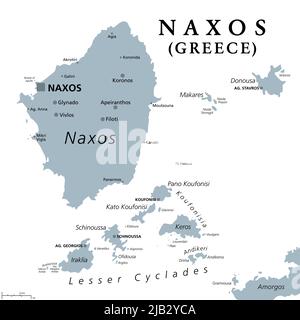 Naxos und kleine Kykladen, griechische Inseln, graue politische Landkarte. Inselgruppe in der Ägäis, Teil des Archipels der Kykladen. Stockfoto