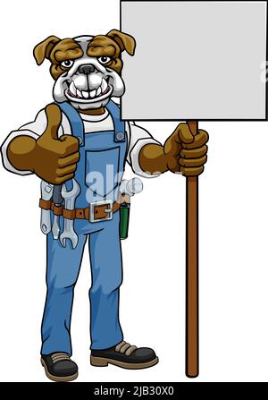 Bulldog Cartoon Maskottchen Handyman Holding Zeichen Stock Vektor