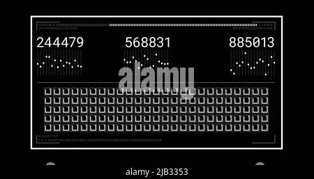 Bild von sich ändernden Zahlen und Datenverarbeitung auf dem Computerbildschirm auf schwarzem Hintergrund Stockfoto