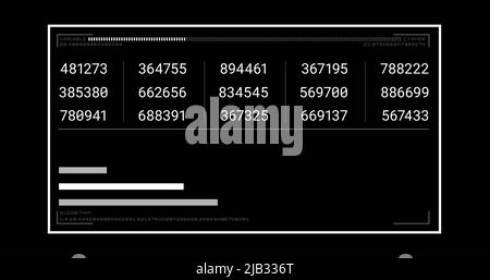 Bild von sich ändernden Zahlen und Datenverarbeitung auf dem Computerbildschirm auf schwarzem Hintergrund Stockfoto