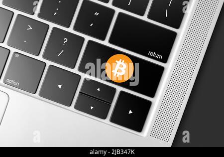 Dedizierter Bitcoin-Kryptowährungsschlüssel auf der Computertastatur, Konzeptbild der modischen Investition und globale Blockchain-Technologie Stockfoto