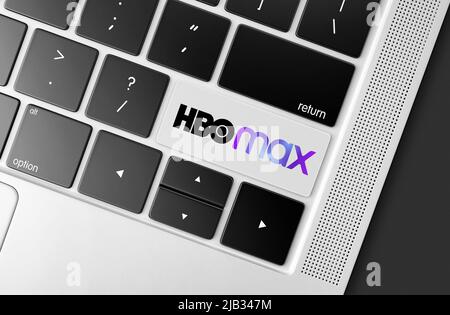 Dedizierte HBO Max Video-Reming-Plattform-Taste auf Computer-Tastatur, Konzept Bild der globalen Kommunikation Stockfoto