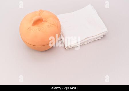 Natürlicher Terrakotta-Topf mit Deckel zum Kochen von Äpfeln von Romertopf mit weißem Cootn-Handtuch auf einem hellen Tisch Stockfoto