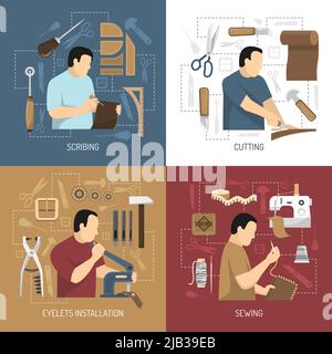 Skinner 2x2 Design-Konzept Satz von Ritzen Schneideösen Installation Nähen quadratische Kompositionen flache Vektor-Illustration Stock Vektor