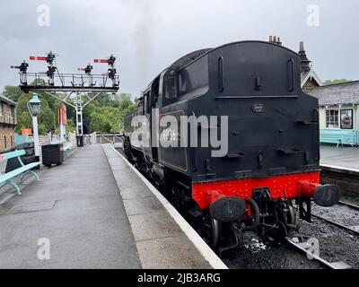 Rückseite der Dampflokomotive am Bahnhof Grosmont Stockfoto