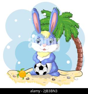 Cartoon-Kaninchen, Hase mit einem Fußball. Niedliche kindliche Charakter, Symbol des neuen chinesischen Jahres 2023. Stock Vektor