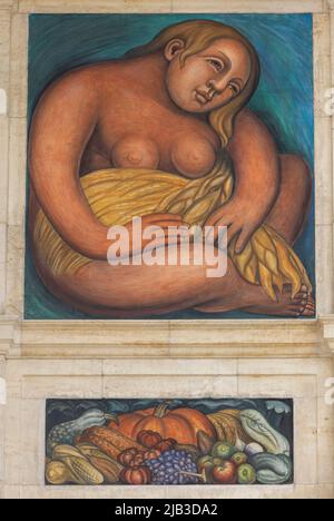 ostwand, Frau mit Getreide und Früchten. The Detroit Industry Murals (1932–1933), Fresken des mexikanischen Künstlers Diego Rivera, Detroit, USA Stockfoto