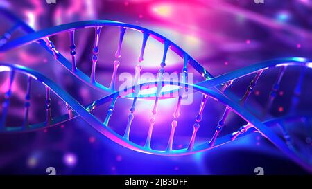 DNA-Helix. Wissenschaftliche Forschung. Genom-Entschlüsselung und medizinische Innovation. 3D Illustration eines DNA-Moleküls unter dem Mikroskop Stockfoto