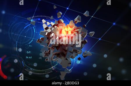 Digitale Welt. Informationsblöcke, die in einer Nanostruktur gesammelt werden. Abstract 3D-Illustration. Blockchain-Konzepte und Computer der Zukunft Stockfoto