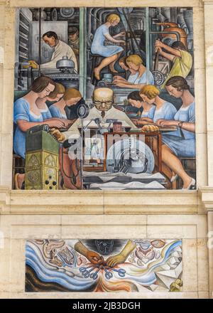 Detail der Detroit Industry Murals (1932–1933), Fresken des mexikanischen Künstlers Diego Rivera, die Pharmazie darstellen, Detroit Institute of Art, USA Stockfoto