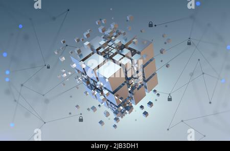 Vor dem Hintergrund von Informationsfeldern werden Hi-Tech-Quadratische Blöcke in einem kubischen Array gesammelt. 3D Illustration des abstrakten Blockchain-Konzepts Stockfoto