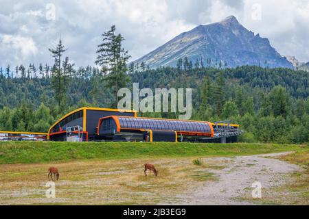 Tatranska Lomnica, Slowakei – 11. August 2021: Wunderschöne Sommerlandschaft des Bergortes – Seilbahnstation, Wald und Hirschenweide Stockfoto