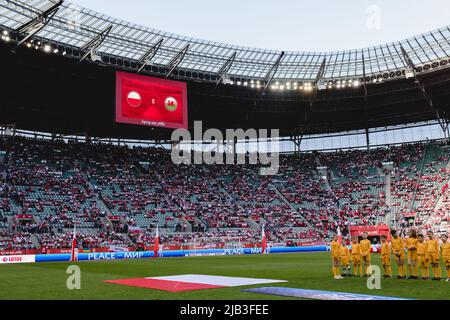 Wrocław, POLEN - 01. JUNI 2022: Vor der Liga Ein 2022 Nationen Liga Spiel zwischen Polen und Wales in der Tarczynski Arena, Wrocław, Polen am 1.. Juni, 2022. (Bild von John Smith/FAW) Stockfoto