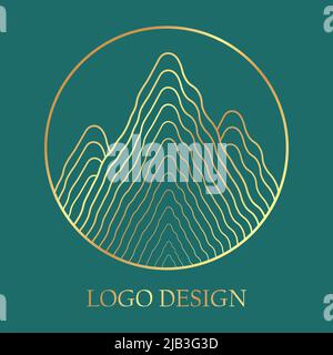 Goldenes Berglogo in minimalistischem, linearem Stil. Symbol für runde Vektorgrafiken Stock Vektor