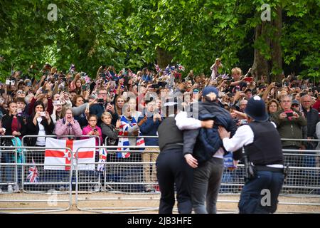 London, Großbritannien, 2.. Juni 2022, Trooping the Color Along the Mall. Protest gegen Tierrechte beim Queens Platinum Jubilee. , Andrew Lalchan Photography/Alamy Live News Stockfoto