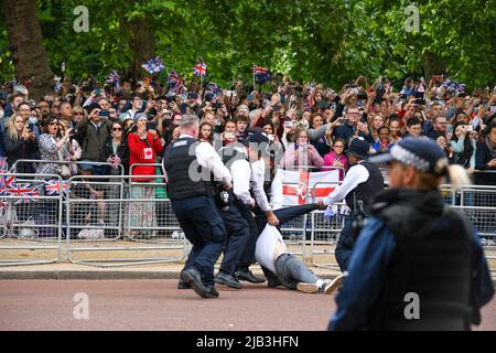 London, Großbritannien, 2.. Juni 2022, Trooping the Color Along the Mall. Protest gegen Tierrechte beim Queens Platinum Jubilee. , Andrew Lalchan Photography/Alamy Live News Stockfoto