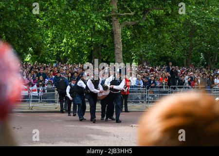 London, Großbritannien, 2.. Juni 2022, Trooping the Color Along the Mall. Protest gegen Tierrechte beim Queens Platinum Jubilee. , Andrew Lalchan Photography/Alamy Live News Stockfoto