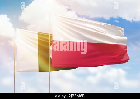 Sonniger blauer Himmel und Flaggen von polen und pakistan Stockfoto