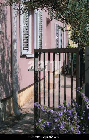 Offenes Tor mit Blumen auf rosa Hauswand mit weißen Fensterläden Hintergrund. Gemütliche Terrasse Dorf Atmosphäre. Schöne Straße außen Stockfoto