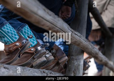 Cowboystiefel und Sporne sitzen auf dem Zaun und beobachten ein Rodeo Stockfoto