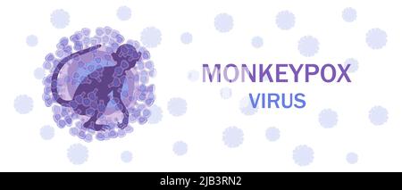 Zellen des Monkeypox-Virus mit einer Silhouette eines Affen im Inneren auf einem mikrobiologischen Hintergrund mit Text. Monkeypox-Virus. Konzept der Viruserkrankung Stock Vektor