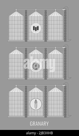 Kreative Illustration eines landwirtschaftlichen Lagers für einen Getreideaufzug isoliert auf einem transparenten Hintergrund. Abstraktes Konzept von Weizen, Mais und Sonnenmilch Stock Vektor