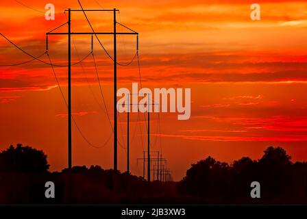 Die hölzernen Hochspannungsmasten mit H-Rahmen sind bei Sonnenuntergang am 13. Juni 2011 in Columbus, Mississippi, abgebildet. Stockfoto