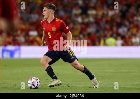 Sevilla, Sevilla, Spanien. 2.. Juni 2022. Gavi von Spanien in Aktion während der UEFA Nations League Ein Spiel der Gruppe 2 zwischen Spanien und Portugal im Estadio Benito Villamarin am 02. Juni 2022 in Sevilla, Spanien. (Bild: © Jose Luis Contreras/DAX via ZUMA Press Wire) Bild: ZUMA Press, Inc./Alamy Live News Stockfoto