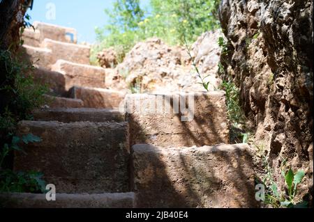 In den Fels gehauene Stufen auf einem Wanderweg. Fluss Nahal Ayun. Reserve und Nationalpark. Oberes Galiläas, Israel. Nahaufnahme. Stockfoto