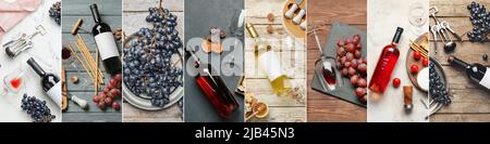 Set aus natürlichem Wein mit köstlichen Snacks und Trauben, Blick von oben Stockfoto