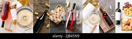 Set aus natürlichem Wein mit köstlichen Snacks, Blick von oben Stockfoto