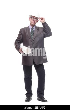 Geschäftsmann in einem Schutzhelm mit Zeichnungen. Stockfoto