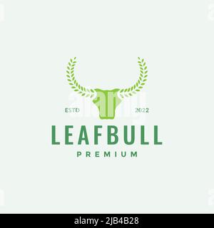 Kopf Kuh oder Stier mit Blatt Abzeichen grün Logo Design Vektor Grafik Symbol Illustration kreative Idee Stock Vektor