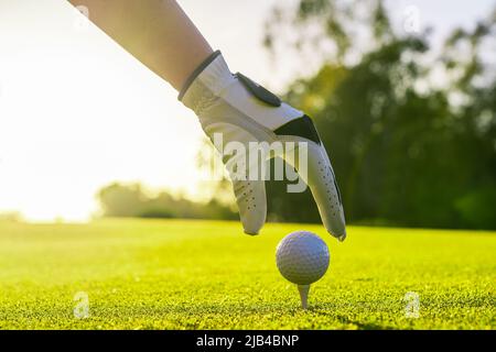 Golfspieler mit Handschuhen, der den Golfball auf einem Abschlag auf dem Golfplatz platziert Stockfoto