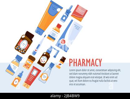 Verschiedene Medizinprodukte auf der linken Seite.Flyer-Vorlage oder Banner-Konzept Stock Vektor