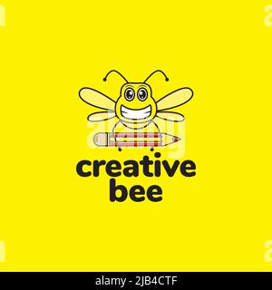 Farbige Cartoon nette Biene mit Bleistift Logo Design Vektor Grafik Symbol Illustration kreative Idee Stock Vektor