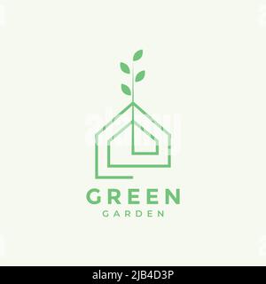 Kontinuierliche Linie zu Hause mit Blatt Garten Pflanze Logo Design Vektor Grafik Symbol Illustration kreative Idee Stock Vektor