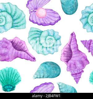 Aquarell handgezeichnete nahtlose Muster mit Unterwassermarine nautische Tiere Muscheln Fische. Lila blaue Seepferd Algen Quallen, Meer Meer Sommer Urlaub Strand Hintergrund, türkisfarbenes Stoffdruck Stockfoto