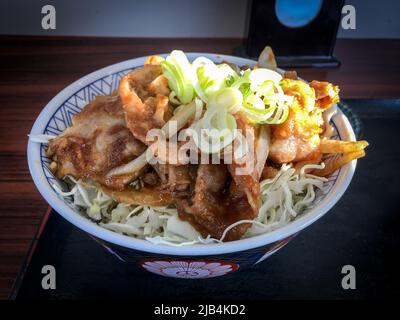 Das Bild des Schweines Shogayaki auf dem Reis (im Donburi-Stil) in einem lokalen Restaurant in Japan. Shogayaki ist ein Gericht der japanischen Küche. Shoga bedeutet Ingwer, Stockfoto