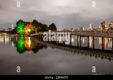 Ohori Park bei bewölktem Tag in dunkler Stimmung, Fukuoka, Japan. Der heutige Park wurde nach dem Vorbild des Westsees von China im Jahr 1929 eröffnet Stockfoto