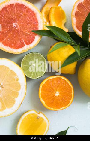 Frische Scheiben von verschiedenen Zitrusarten: Orange, Limette, Zitrone Grapefruit Stockfoto
