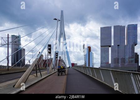 Ein Mann schiebt bei windigem Wetter sein Lastenrad über die Erasmus-Brücke in Rotterdam, Niederlande, 5/27/22 Stockfoto