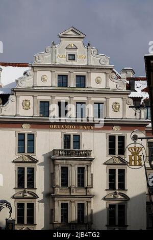 Orlando Haus am Platzl, im Winter schneebedeckt, München, Bayern, Oberbayern, Deutschland Stockfoto